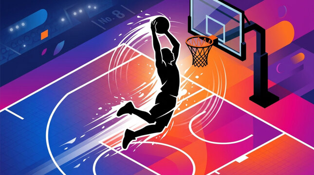 Isometric Basketball Player Silhouette Slam Dunking on Vibrant Neon Court Graphic