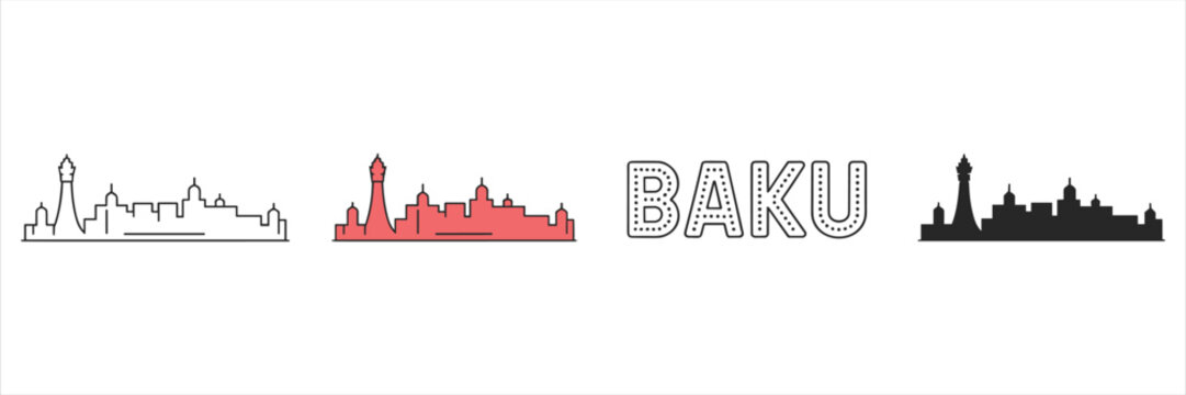 Baku city skyline outline, colored, dotted text, and silhouette