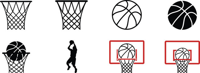 Set of basketball sports icons featuring hoop silhouettes, balls, backboards, and a player silhouette for athletic branding and design © Shariful