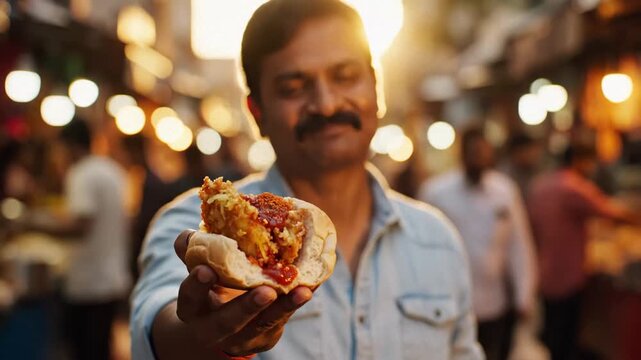 Man offering a warm mumbai vada pav in a cinematic, bokeh-lit street market at sunset.