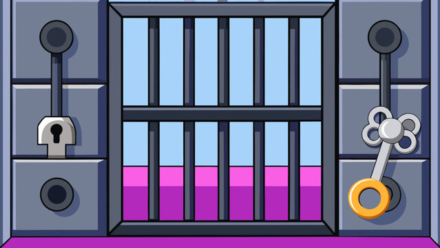 Prison metal bars, closed cell door and keys. 3D Prison cells, Iron jail cage. Crime, punishment and amnesty concept.
