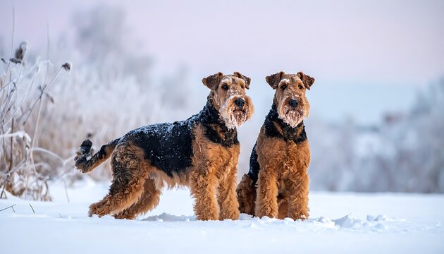 Two Airedale Terriers in Snowy Landscape.