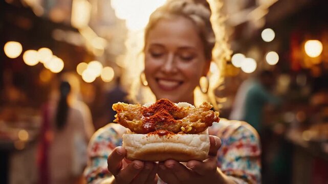 Smiling woman presenting a delicious vada pav indian burger in a vibrant mumbai market at dusk.