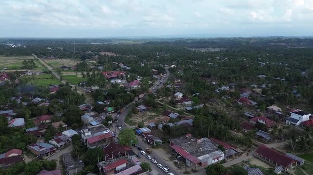 aerial view of traffic on highway while bridge under construction in Bireun, Aceh Indonesia. View from above highway road repair in Kuta Blang Bridge