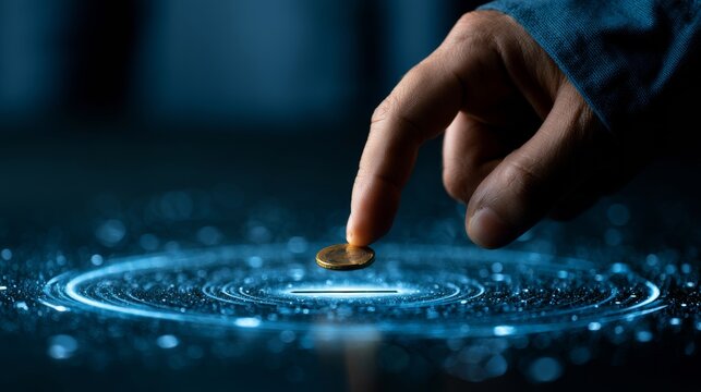 A hand placing a coin on a digital interface