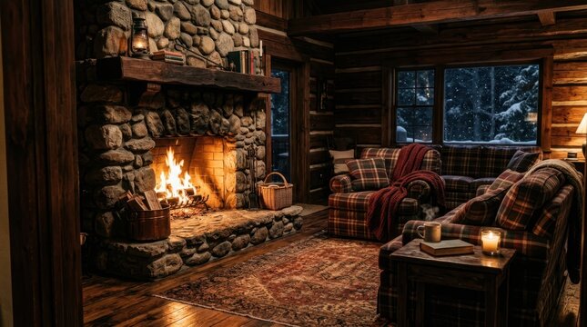 Cozy log cabin living room with a roaring fireplace and snowy forest view