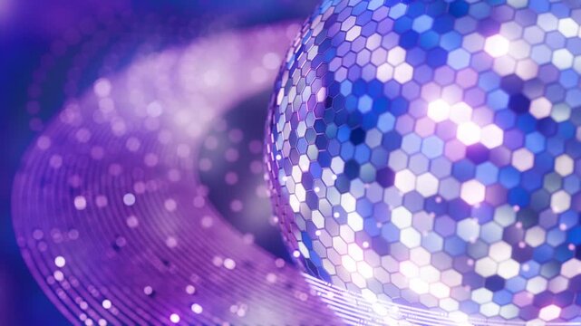 Closeup of Glittering Shiny Disco Ball made up of Hexagon Tiles Spinning with rings of Glowing orbs particles Seamless Looping Motion Background VJ Loop