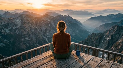 Fototapeta premium Picture from the back of a woman sitting on wooden porch extending into a high mountain cliff at sunset. Wide angle scenic view with copy space and soft natural light.