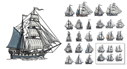 Vintage Sailing Ships Collection: Tall Ship Illustration and Small Sailboats © ifin