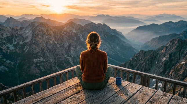 Picture from the back of a woman sitting on wooden porch extending into a high mountain cliff at sunset. Wide angle scenic view with copy space and soft natural light.