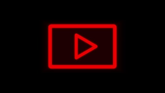 Play button animation with red neon. Play button digital video media symbol. Play button technology interface graphic on black background for apps.