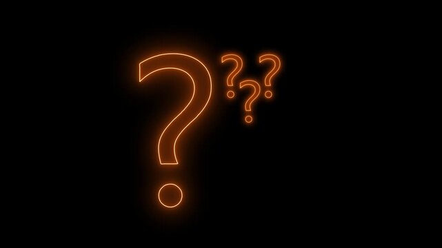 Question marks animation with orange neon. Question marks digital help and support. Question marks faq and information graphic on black background for apps.