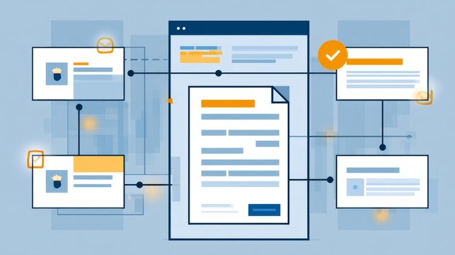 A digital workflow diagram featuring various documents and checkmarks