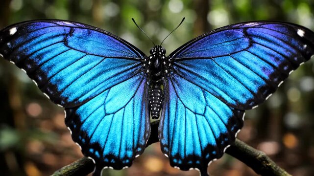 Macro shot of a Blue Morpho butterfly with wings spread wide, showcasing brilliant iridescent blue scales, black wing borders, and white spots, perched on a branch in a tropical forest.