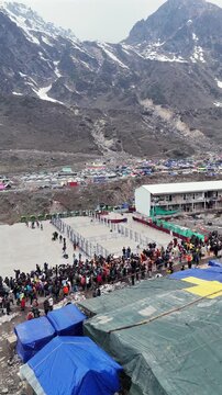 Vertical Aerial View of Char Dham Yatra Pilgrims at Kedarnath Uttarakhand India