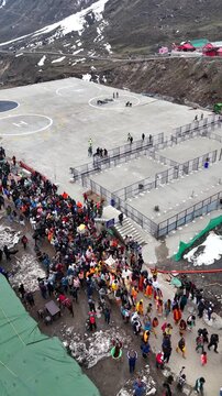 Vertical Aerial View of Char Dham Yatra Pilgrims at Kedarnath Uttarakhand India