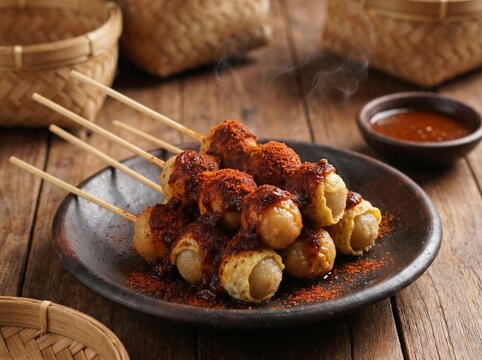 Spicy Indonesian Street Food Teci Skewers on Rustic Wood