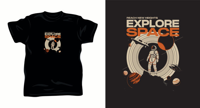 Explore space astronaut mission graphic for t shirt printing with cosmic background.