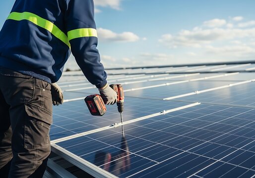 Man installing solar panels on rooftop with drill  renewable energy