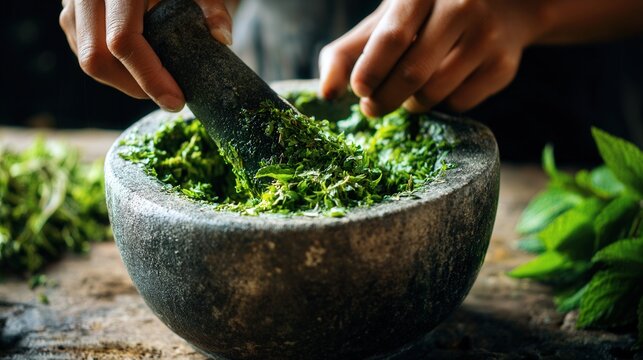 Hands grinding fresh green herbs in stone mortar, rustic kitchen light highlighting basil and mint, closeup motion of pestle crushing leaves, aromatic steam rising, handcrafted wellness ritual