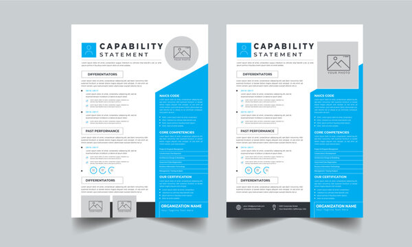 Capability Statement Design for Business Concept with Two Page Perfect Color Design Step Layout	