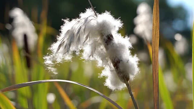 Closeup of fluffy cattail seed heads in soft sunlight.