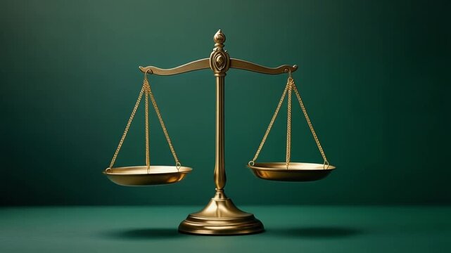 深緑の背景に佇む真鍮製の天秤が完全に釣り合っている美しいCG動画