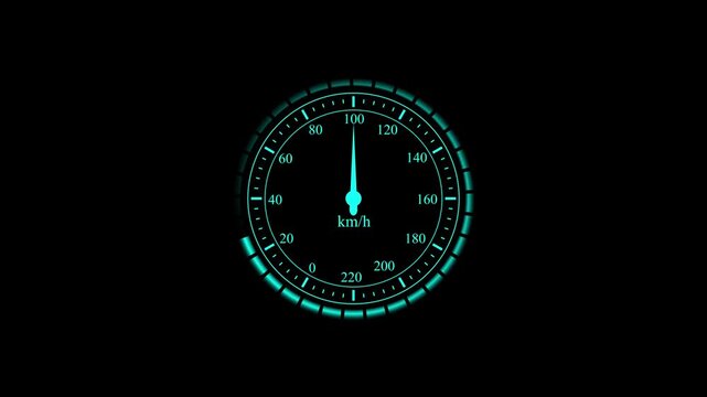 Speedometer animation with cyan neon. Speedometer digital performance indicator. Speedometer technology interface graphic on black background for tech.