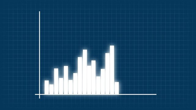 Bar graph animation with white glowing. Bar graph financial data visualization. Bar graph business success graphic on dark blue grid background for data.