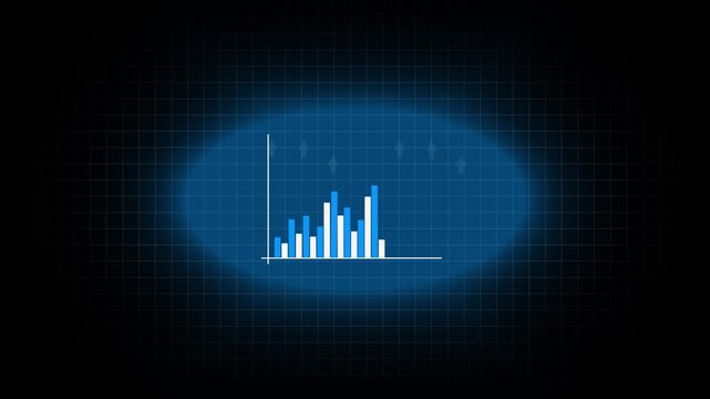 Bar graph animation with blue glowing. Bar graph financial data visualization. Bar graph business success graphic on dark grid background for analytics.