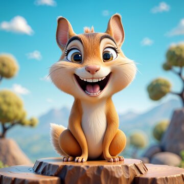 The image features a very stylized, cute aesthetic, a smiling cartoon squirrel or chipmunk