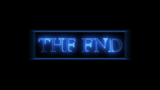 The end sign animation with blue neon. The end digital closing message frame. The end glowing word graphic on black background for movie outros.