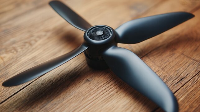 Launchready drone propeller on outdoor deck, blades staged for preflight check at golden hour, warm horizon and field in background, pilot prep implied with battery and controller nearby, anticipation