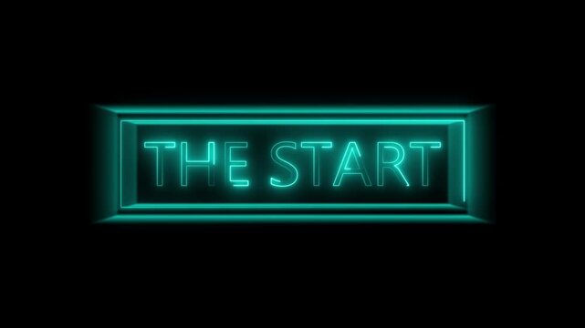 The start sign animation with teal neon. The start digital opening message frame. The start glowing word graphic on black background for video intros.