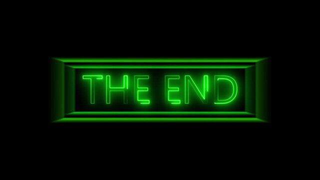 The end sign animation with green neon. The end digital closing message frame. The end glowing word graphic on black background for movie outros.