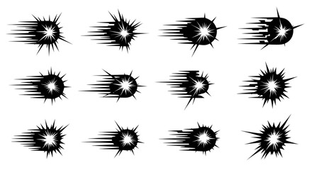 Set of black comic speed effects and explosion burst icons isolated on white background © Dodol Creative Stock