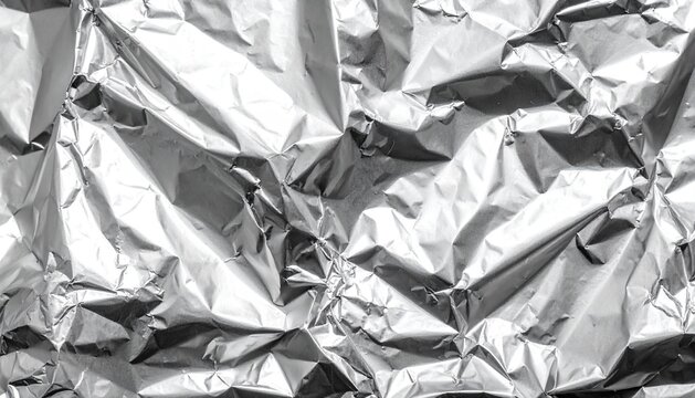 Close up texture of crumpled silver aluminum foil