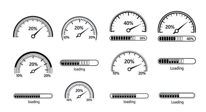 Set of speedometer and loading progress bar icons for user interface design.
