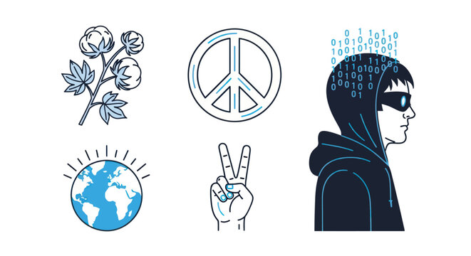 Collage of icons: peace, earth, hacker, cotton, victory sign