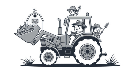 Happy children on a tractor with a bucket of apples at a farm. © Dodol Creative Stock