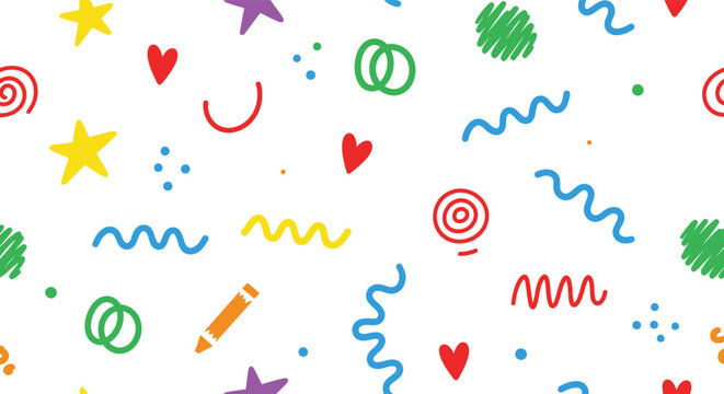 Colorful whimsical hand drawn shapes and lines on white background for kids party decoration or fun creative project ideas