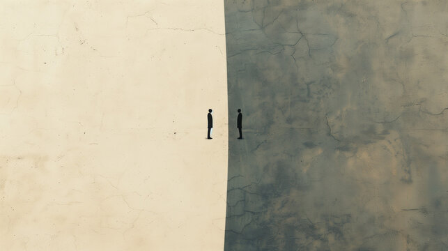 
Abstract illustration of two figures facing each other across a divided space symbolising conflict and confrontation