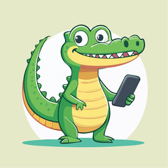 Fototapeta premium Cartoon Alligator Holding a Smartphone