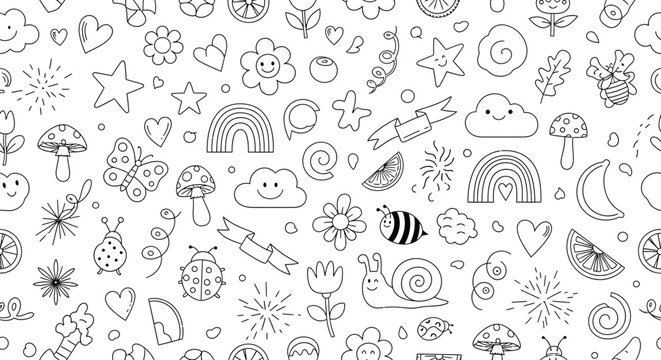 Black and white illustration of various cute cartoon animals and creatures on white background