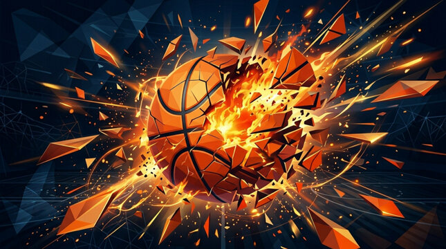 Shattering Basketball Exploding in Flames Abstract Vector Illustration