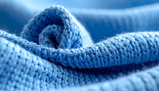 Macro Close-up of Soft Blue Knitted Fabric Texture with Elegant Folds and Waves