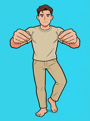 Fototapeta premium Cartoon male character holding sewing needles forward