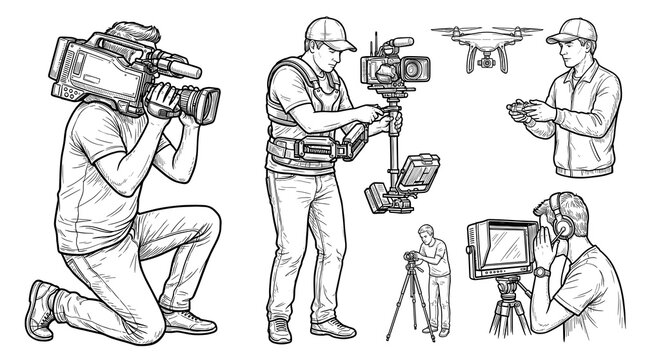 Hand drawn sketch vector illustration of a professional cameraman operating heavy cinema rig, flying drone, and using field monitor for filmmaking.