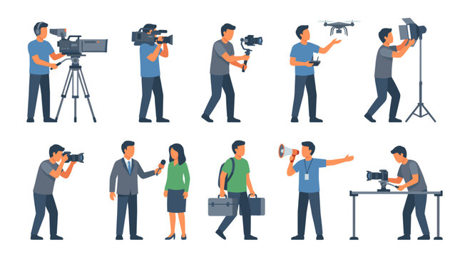 Flat vector set of a professional cameraman, drone operator, reporter, and film crew working on video production with camera, lighting, and audio equipment collection.