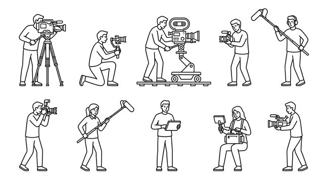 Minimalist outline vector set of a film crew featuring cameraman on camera dolly, sound recordist with boom mic, and director working on video production.